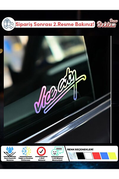 Onur Reklam Vice City Yazılı Holografik Sticker – Neon Stil Araba ve Laptop Ç...