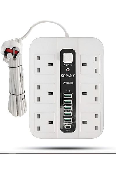 SOPANY Smart Multi-Outlet Power Strip – 5M Extension Cord, USB Ports, Overload Protection