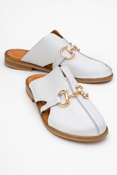 LuviShoes Favor White Skin Genuine Leather Buckle Closed Front Women's Slippers