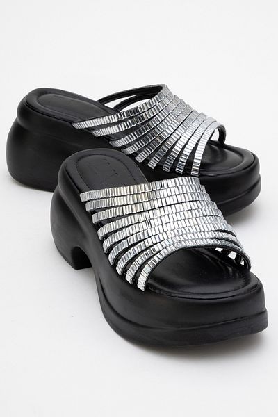 LuviShoes Fierro Black Silver Stone Wedge Sole Women's Slippers