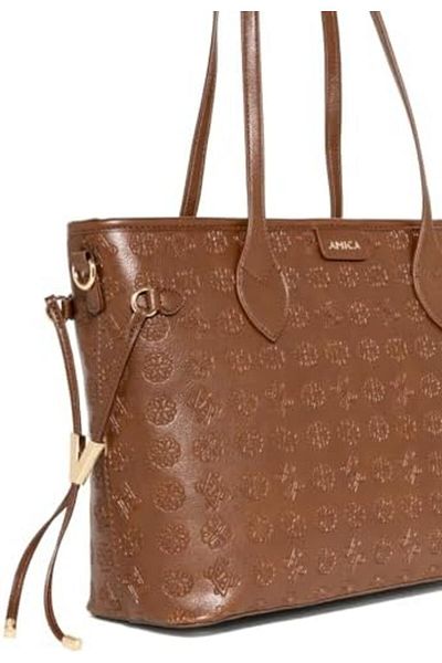 AMICA Zaila Embossed Monogram Design Tote Bag Suitable For Work/university/travel In Tan/brown