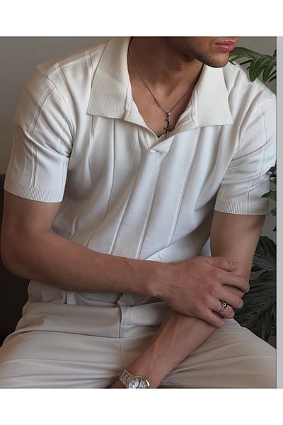Tarz Cool Men's White Striped Short Sleeve Knitwear T-Shirt