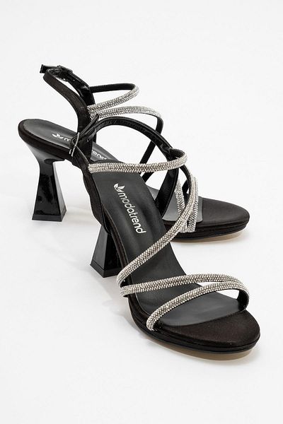 CCWAY AYAKKABI Cross Stone Women's Heeled Sandals Black Satin