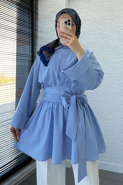 MELEK ARAZ Poplin Tunic with Waist Belt - Blue