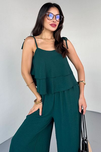Cappmoda Tkm-13323 Emerald Adjustable Strap Flowing Blouse & Waist Elastic Casual Trousers Cotton Two-Piece Suit