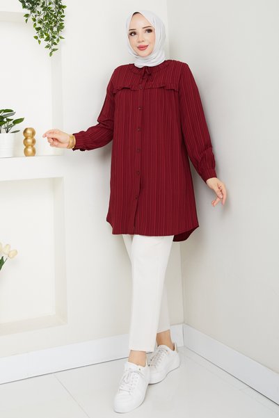 Pamuk Butik Women's Collar Detail Ruffled Yoke Shirt