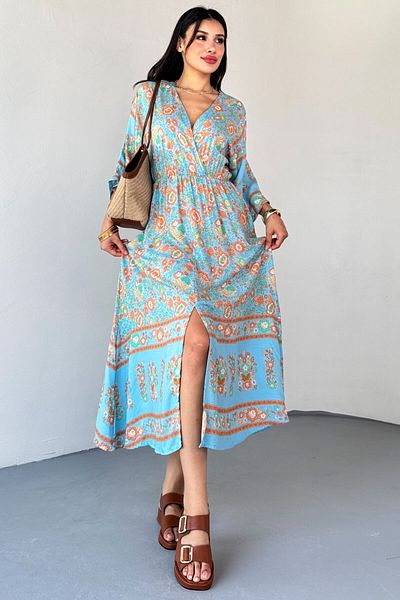 Cappmoda ELB-01813 Μπλε διπλό γιακά με λουλουδάτο μοτίβο βισκόζης μακρύ φόρεμα