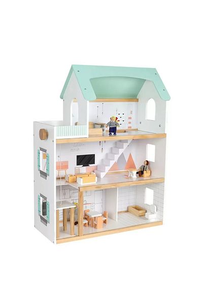 LITTLE ANGEL Kids Wooden Doll House Set – 2-storey Colorful Pretend Play Home With Furniture