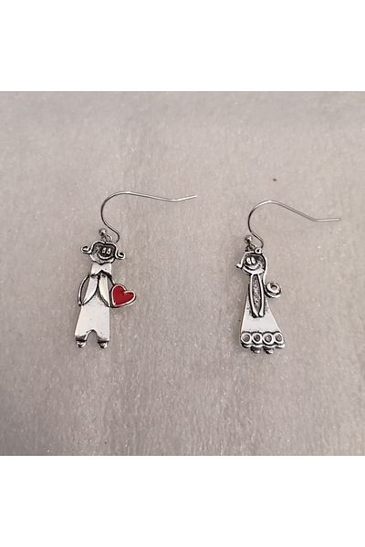 Butik Tülin Authentic Handmade Silver Metal Girl Boy Children Double Red Heart Earrings 3.5X1Cm Made in Thailand