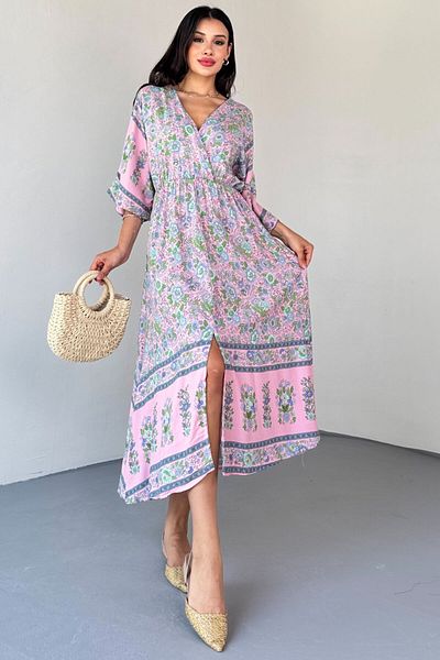 Cappmoda ELB-01813 Μακρύ φόρεμα με λουλουδάτο μοτίβο βισκόζης με διπλό γιακά σε σκόνη