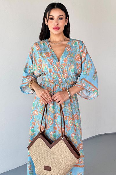 Cappmoda ELB-01813 Μπλε διπλό γιακά με λουλουδάτο μοτίβο βισκόζης μακρύ φόρεμα