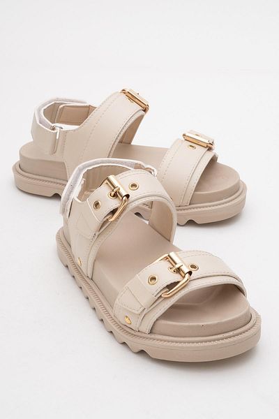 CCWAY AYAKKABI Women's Double Buckle Velcro Sandals Beige