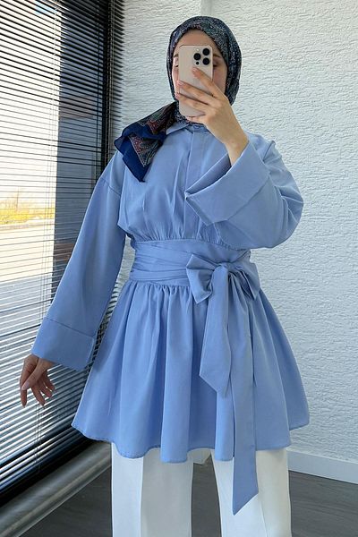 MELEK ARAZ Poplin Tunic with Waist Belt - Blue