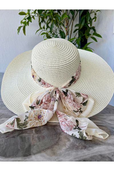 GÖZDE ŞAPKA Women's Flower Pattern Bow Wide Edge Straw Hat