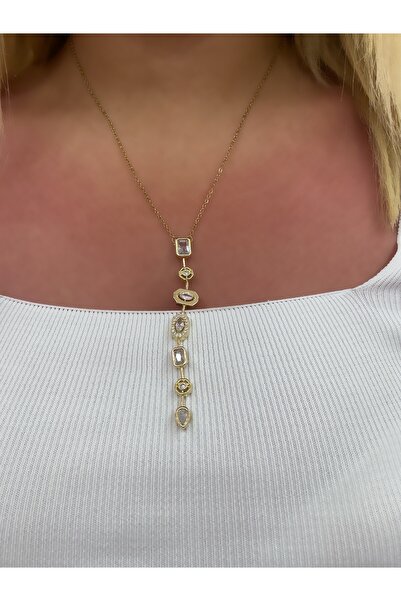 Hicrans Takı Stone Y Model Gold Steel Necklace