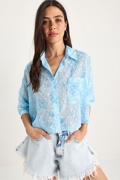 Bianco Lucci Cămașă transparentă jacquard cu jumătate de mânecă cu imprimeu floral pentru femei 60282019
