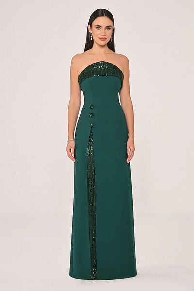 ALFABETA Women's Long Length Deep Slit Bottom and Collar Part Sequin Detailed Stylish Emerald Evening Dress & Graduation Dress Eu
