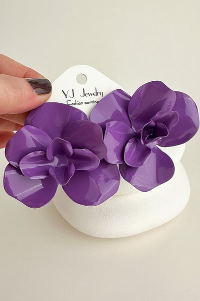 Modex Metal Oval Curved Purple Light Exaggerated Flower Earrings (7cm)