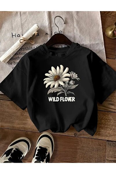 caddekombin تي شيرت أسود من القطن الممشط مطبوع عليه Wild Flower Daisy