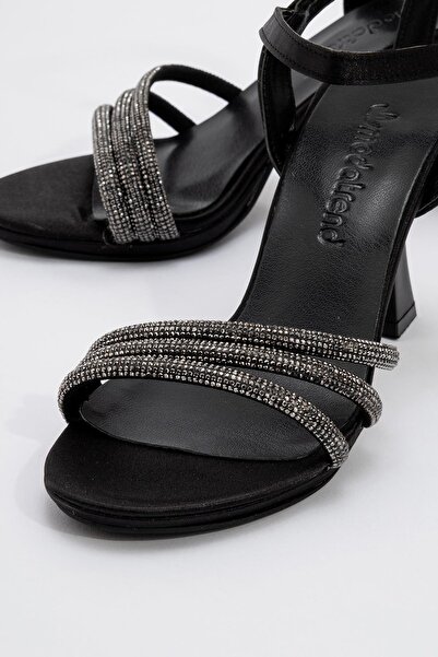 CCWAY AYAKKABI Жіночі босоніжки на підборах з камінням, чорні, атласні