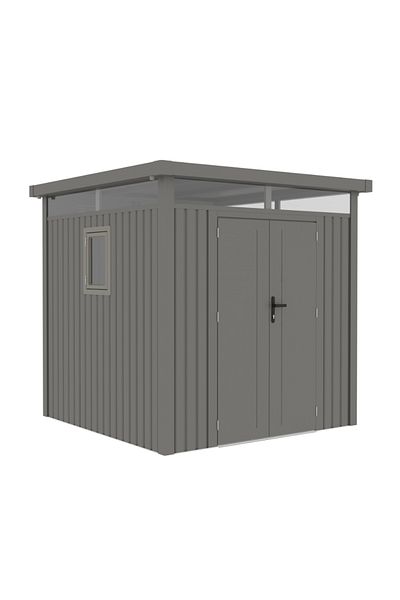 KlugMeister Casuta de gradina premium metalica, KLUGMEISTER Anna-B Gri Aluminiu, cu fereastra si baza metalica