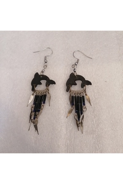 Butik Tülin Authentic Handmade Ceramic Alpaca Beaded Colorful Dolphin Fish Dangle Earrings 7.5X2.5Cm Made in Peru