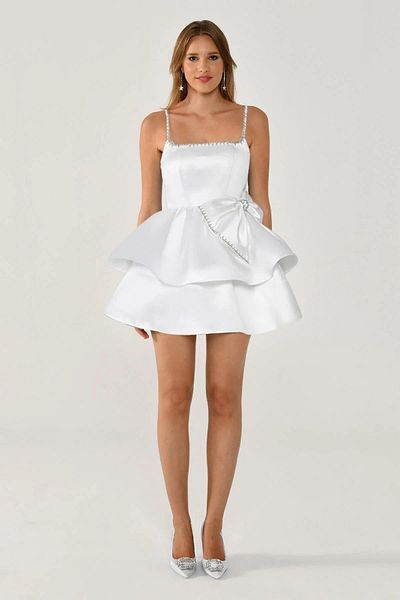 ALFABETA Women's Mini Length Patterned Chiffon Fabric with String Strap White Evening & Homecoming Dress Ab6572-White