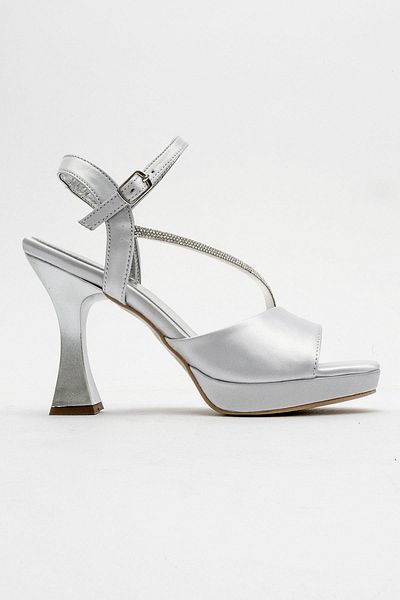 CCWAY AYAKKABI Women's Stone Platform Heeled Shoes Silver Satin