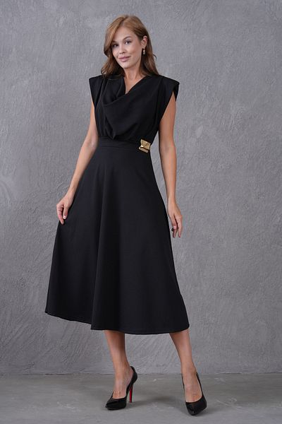 bayansepeti Women's Stretchy Crepe Fabric Degaje Collar Padded Shoulders Flared Cut Midi Length Black Homecoming Dress 77129