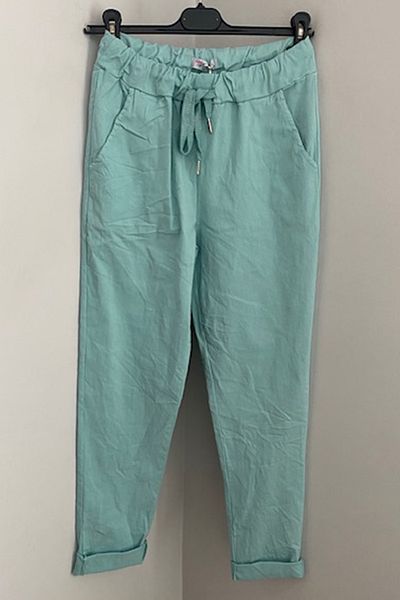 AYASOFYA OTANTIK Women's Italian Water Green Tie Waist Lycra Skinny Leg Trousers