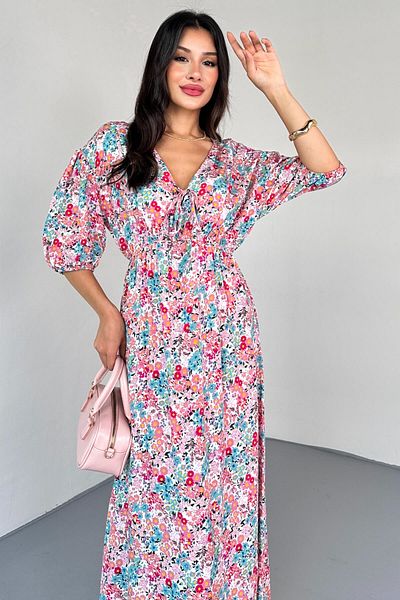 Cappmoda ELB-01814 Καλοκαιρινό φόρεμα με διπλό γιακά με ροζ παστέλ λουλούδια