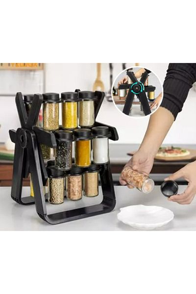 MACON Spices Rack Set with 18 Jars – Rotating Organizer for Kitchen Storage, Airtight Spice Containers