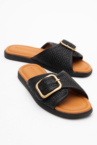 Dericlub Dericlub Women's Single Belt Strap Slippers Real Leather Zy 8141 Black