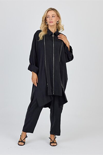Zühre Gömlek Yaka Fermuar Ve Kol Detaylı Siyah İkili Takım TK-1517