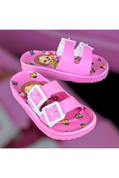 AkınalBella Girl's Pink Double Buckle Soft Soft Sole Slippers