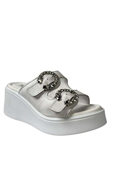 AREGA Rouge Stone Buckle High Sole Leather White Women's Slippers