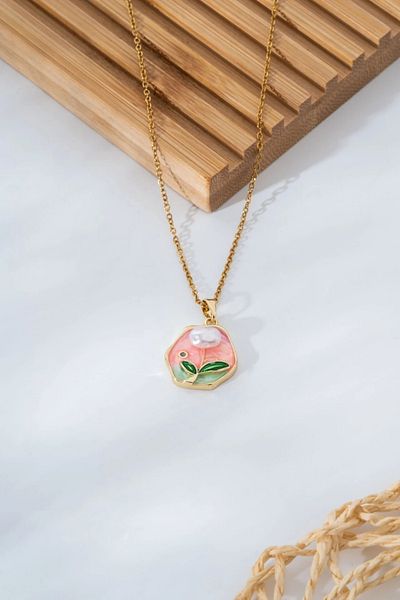 Finesa Jewelry Elegant Chain for Women with Nature Theme, Enamel, Pearl and Leaf Detail, Non-Tarnish, Steel Art Necklace