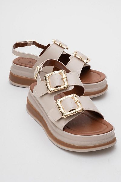 CCWAY AYAKKABI Women's Gold Buckle Sandals Beige