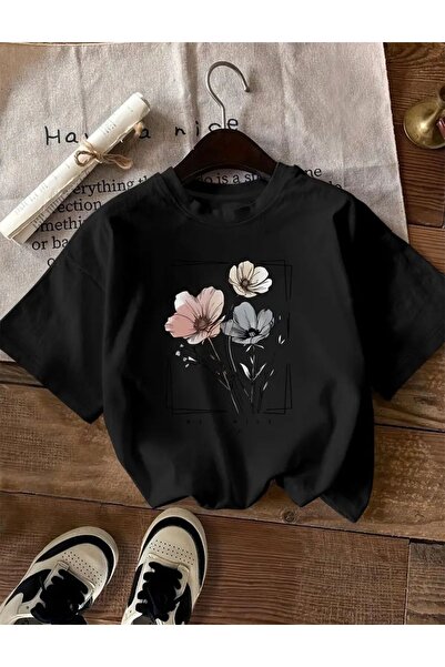 caddekombin Be Smile Çiçek Baskılı Pamuk Penye Siyah Tişört