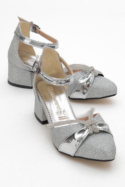 CCWAY AYAKKABI Children's Ribbon Stone Heeled Sandals Silver Chupra