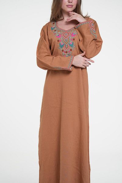al bent al sharqieh Ladies Printed Jalabiya - Full-Sleeve crepe Dress with belt مخور جلابية نسائية مطرزة فستان