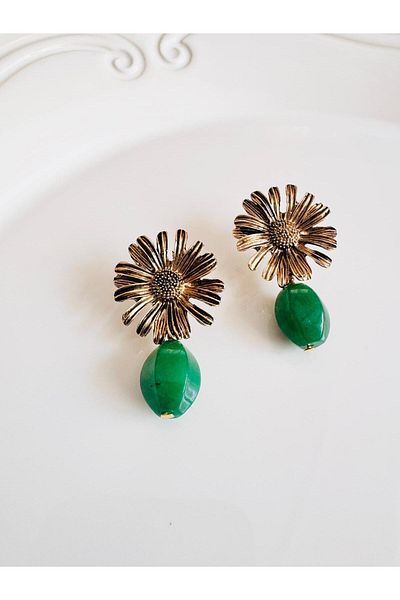 DEVİ fashion Vintage Natural Stone Flower Earrings 4 cm