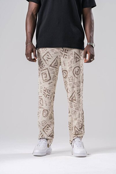 SUPERBLUE Men's Elastic Waist Patterned Brown Shalwar Trousers