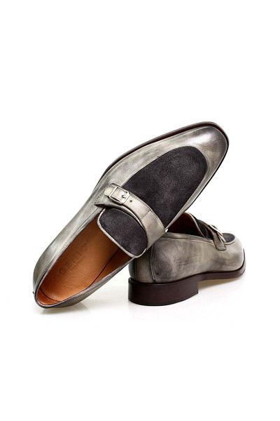 Butik Khaki Color Laceless Khaki Leather Men's Shoes