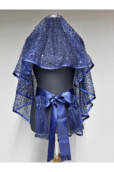 Hayalperest boncuk Velora Modern Veil Set Decorated with Sparkling Sequins and Bead Details Navy Blue