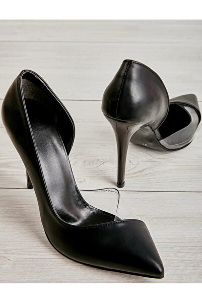 Genel Markalar Siyah Kadın Klasik Topuklu Ayakkabı, Şeffaf Detaylı Siyah Stil...