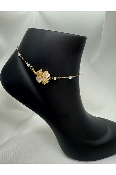 Mila Lumiere Elegant Clover Figured Gold Color Steel Anklet with Pearl Detail