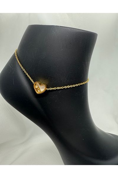 Mila Lumiere Elegant and Stylish Minimal Gold Gold Color Steel Anklet with Pearl Stone Heart Figure