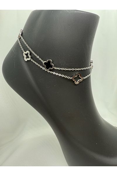 Mila Lumiere Double Chain Silver Color Steel Anklet with Four Clover Figures