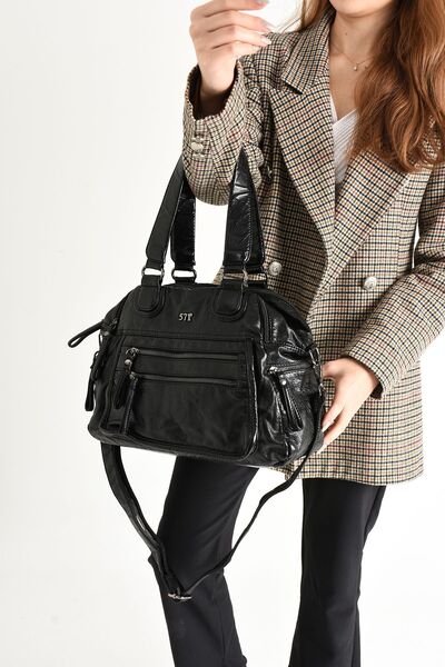 H&D COLLECTİON Black Washed Leather Multi-Compartment Shoulder Bag